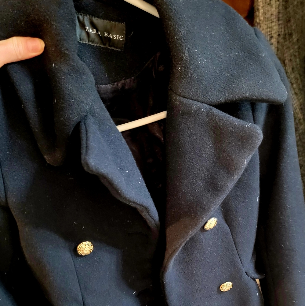 Zara Navy Blue Double-Breasted Wool Coat
